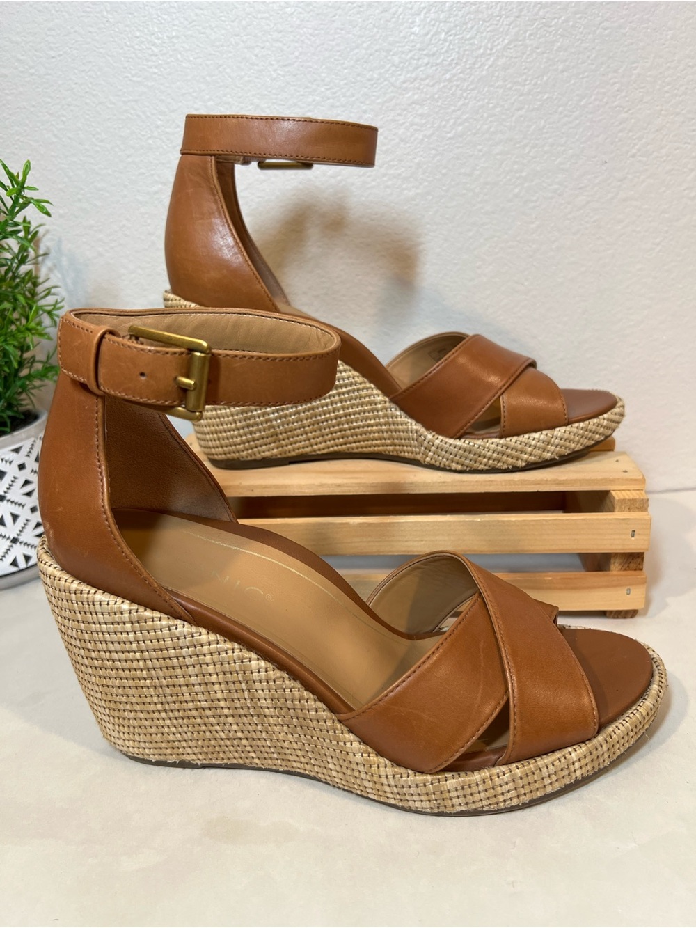 Vionic Tan Leather Espadrille Wedge Sandals with Ankle Strap